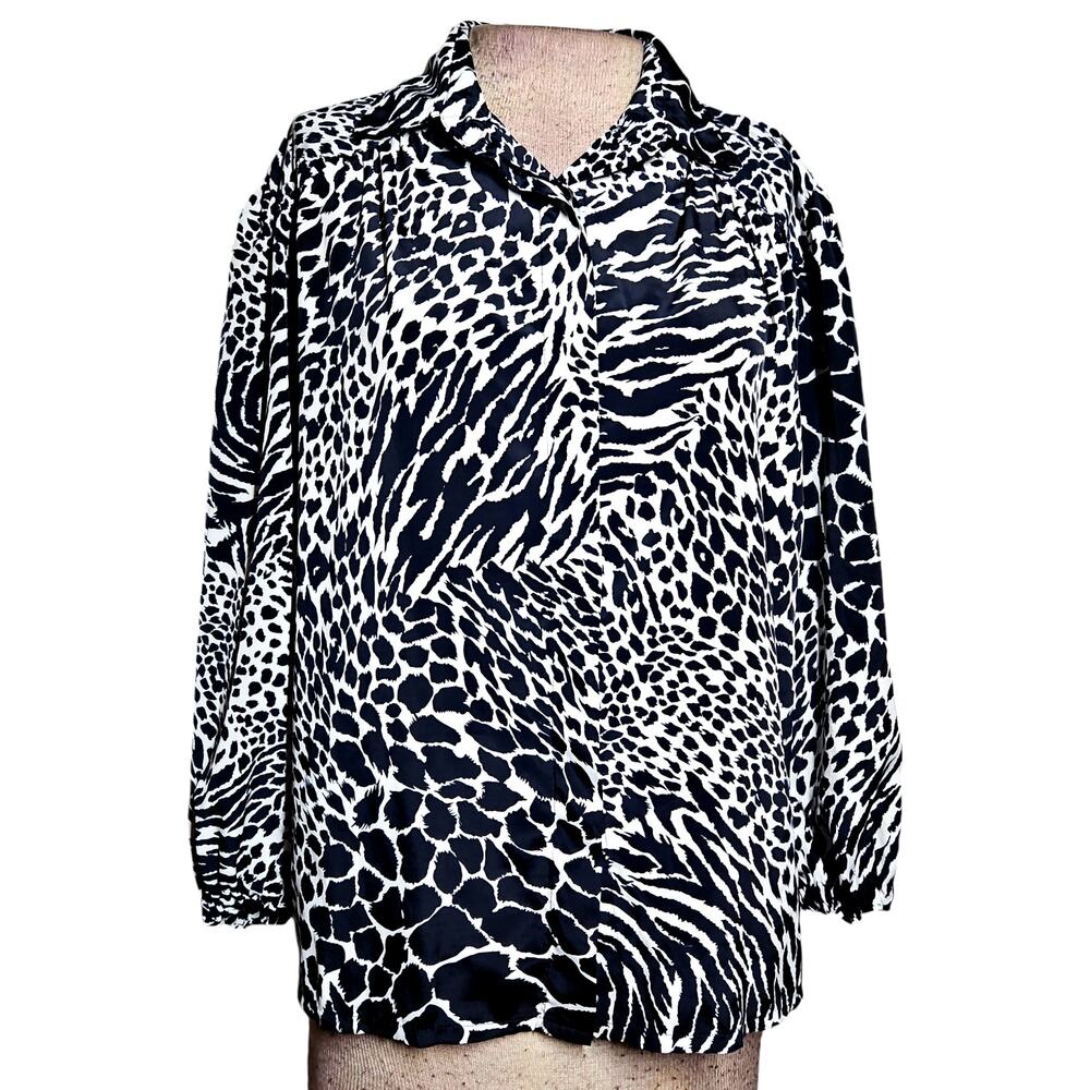 Vintage Black and White Animal Print Blouse Size Medium